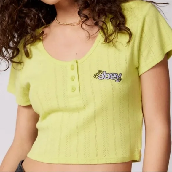 NWT OBEY Alina Pointelle Top, Size L Color Lime Urban Outfitters - Picture 4 of 16